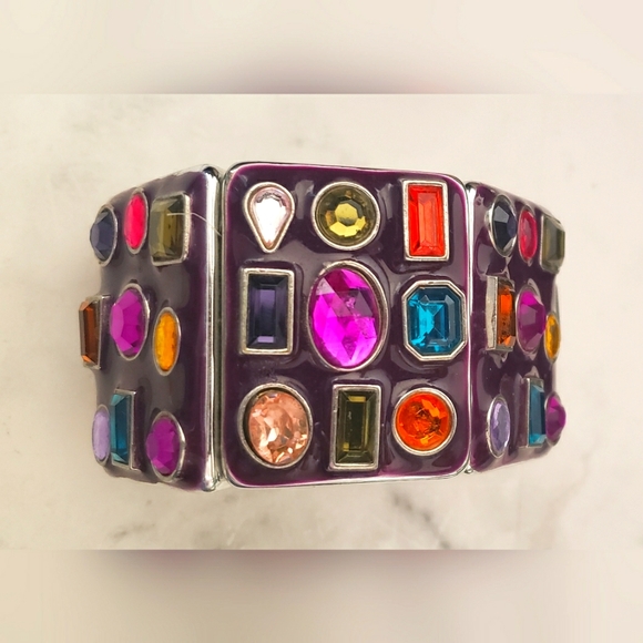 Vintage 2000s Bling Purple Cuff Rhinestones Chunky Statement Bracelet - Picture 2 of 8